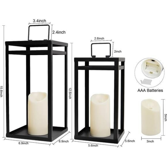 Black Metal Candle Lanterns Set of 2- w/ LED Flameless Candles- 15.8'' & 12.6'' - Picture 7 of 7
